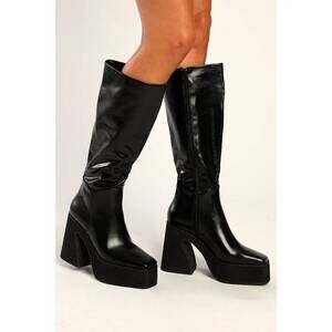 Lulus Alesandra Black Square Toe Platform Knee-high Boots - Size 9
